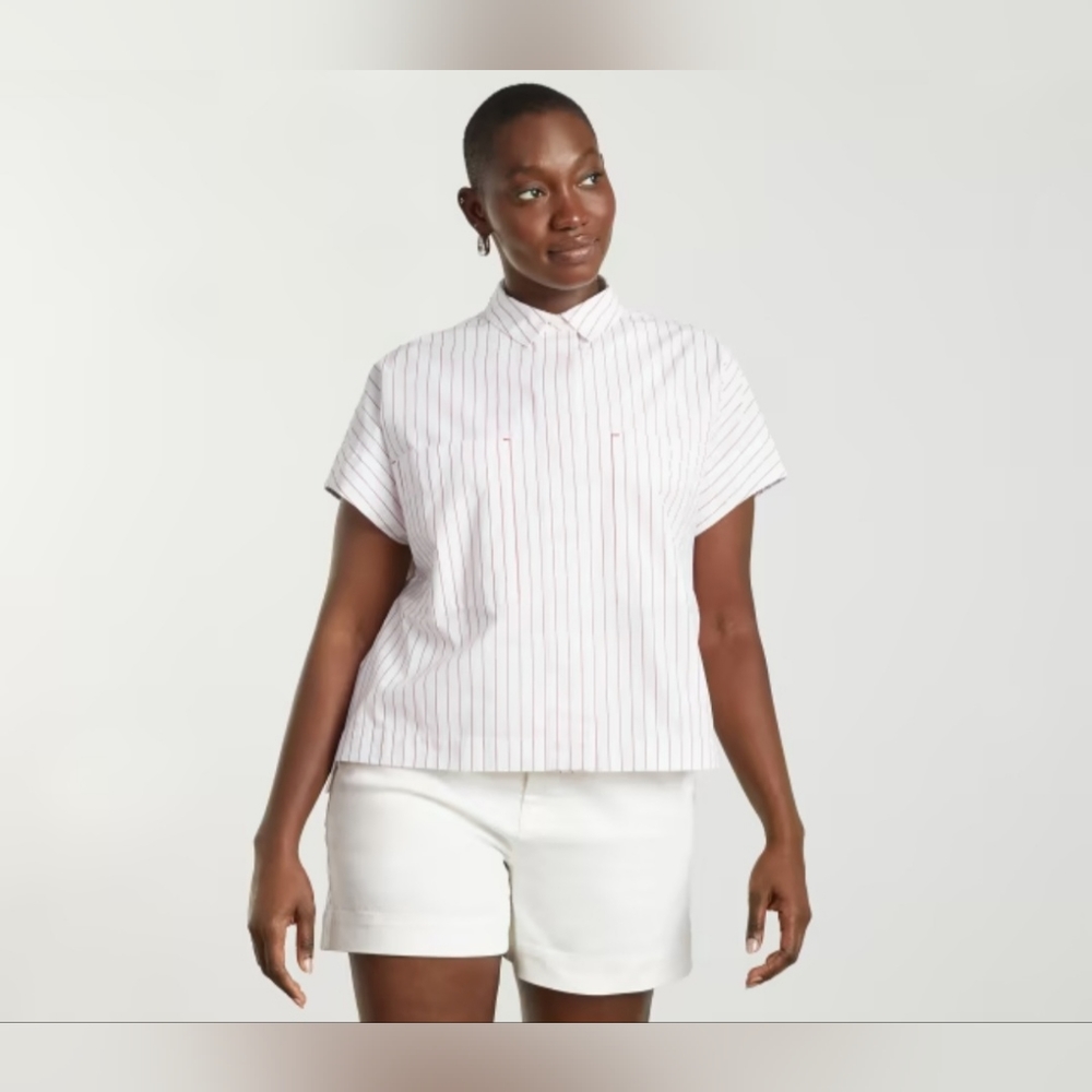 Everlane Short Sleeve Box Shirt Women's Size S White & Red